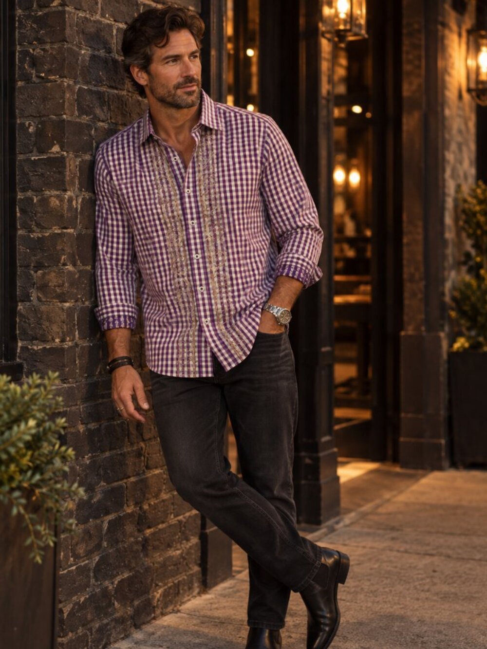 Robert Graham Purple Gingham Embroidered Shirt | Silk Trim | L